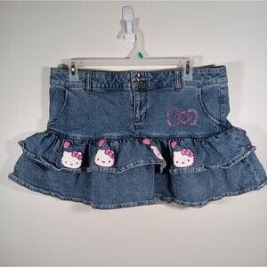 Hello Kitty Sanrio Womens Denim Pockets Ruffle Bling Mini Skirt Plus Size 2X